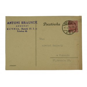 Antoni BRAUNEK adwokat, Kcynia, Rynek 17, pocztówka z korespondencją, obieg pocztowy