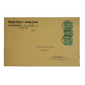 Roman Mazur, Rechtsanwalt und Notar, und Zenon Szust, Rechtsanwalt WRZEŚNIA, Poznańska 21, Umschlag mit Anzeigenausdruck