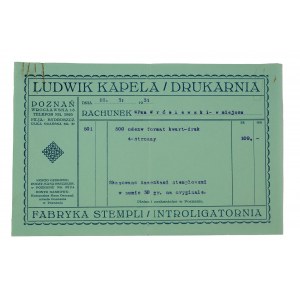 Ludwik Kapela drukarnia, POZNAŃ ul. Wrocławska 18, rachunek na 500 odezw, z dnia 26.3.1931r.