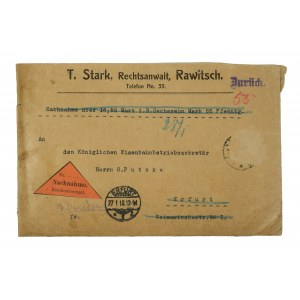 T. Stark, Rechtsanwalt, Rawitsch, Briefumschlag mit Werbeaufschrift, aus Postumlauf, mit innenliegender Korrespondenz