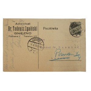 Adwokat dr Tadeusz Zgaiński GNIEZNO, Tumska 1 - pocztówka z nagłówkiem adwokata