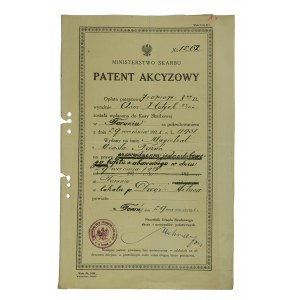 Patent akcyzowy Ministerstwa Skarbu na jednodobowy bufet zabawowy Dwór Artusa , Magistrat miasta Toruń, 1928r.