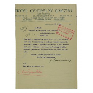Hotel Central GNIEZNO Jozef Prusiewicz 7 Mieczyslaw St., correspondence on print with company letterhead