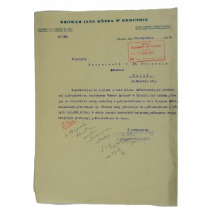 Browar Jana Götza w Okocimie, korespondencja na druku firmowym