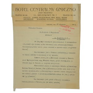 Hotel Centralny GNIEZNO ul. Mieczysława 7, Józef Prusiewicz - korespondencja z nagłówkiem reklamowym 27.08.1932r.