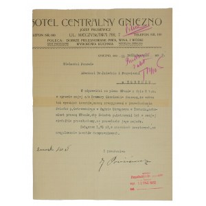 Hotel Central GNIEZNO Mieczyslaw Street, Jozef Prusinowski, correspondence on letterhead with advertising head 11.10.1932.