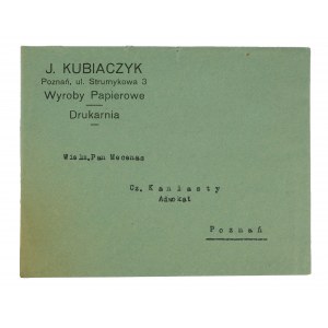 J. Kubiaczyk Wyroby papierowe, drukarnia POZNAŃ ul. Strumykowa 3 - koperta z nadrukiem reklamowym + zobowiązania zapłaty adwokatowi