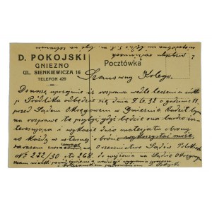D, Pokojski GNIEZNO 16 Sienkiewicza St. - postcard with printout of call for payment of overdue contribution with handwritten correspondence on another matter