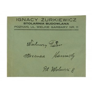 Ignacy Żurkiewicz Stolarnia budowlana, POZNAŃ ul. Wielkie Garbary nr 11 - koperta z nagłówkiem reklamowym