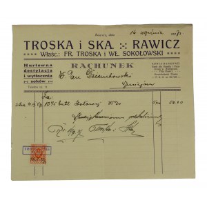 Troska i Ska RAWICZ właśc. Fr. Troska i Wł. Sokołowski, Hurtownia, destylacja i wytłocznia soków - RACHUNEK 16 września 1927r.