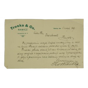 Troska &amp; Co. RAWICZ Fernsprecher No. 47 - call for payment May 6, 1927.