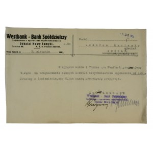 Westbank Bank Spółdzielczy, oddział NOWY TOMYŚL - korespondencja na druku z nagłówkiem reklamowym, 6 sierpnia 1934r.