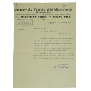 Leszczyńska Fabryka Wód Mineralnych, rozlewnia piw Władysław Peisert LESZNO - druk z nagłówkiem firmowym, 20.IV.1932r.