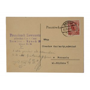 Franciszek Kowanetz adwokat i notariusz RAWICZ Rynek 18 - pocztówka ze stemplem adresowym, 21.10.32r
