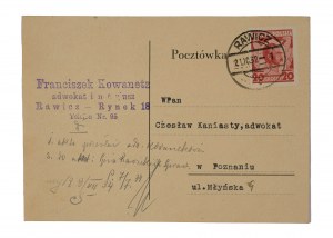 Franciszek Kowanetz adwokat i notariusz RAWICZ Rynek 18 - pocztówka ze stemplem adresowym, 21.10.32r
