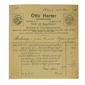 Otto Herter Schlossermeister [Ślusarz], warsztat konstrukcji żelaznych INOWROCŁAW - rachunek 9.5.1916
