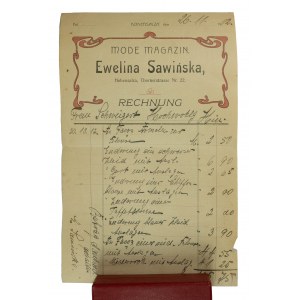 Mode Magazin Ewelina Sawińska, Hohensalza INOWROCŁAW, Thornerstrasse 22 - rachunek 26.11.1912r.