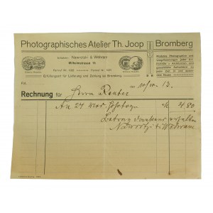 Photograpisches Atelier T. Joop, [Fotograf], BYDGOSZCZ - gedruckte Rechnung mit Firmenbriefkopf