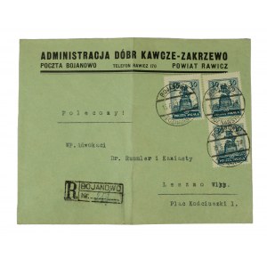 Administracja dóbr KAWCZE - ZAKRZEWO, poczta Bojanowo, powiat Rawicz - koperta z nagłówkiem reklamowym