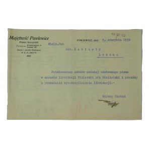 Majętność PAWŁOWICE powiat leszczyński - druk z korespondencją 9 sierpnia 1932r.