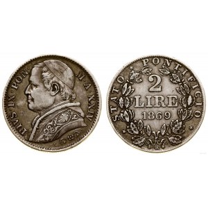 Watykan (Państwo Kościelne), 2 liry, 1869 R, Rzym