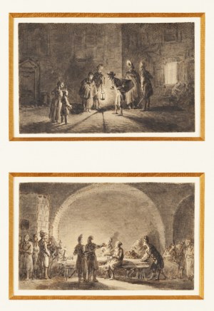 Jan Piotr Norblin de la Gourdaine (1745 Misy-Faut-Yonne - 1830 Paryż), Sceny uliczne (2 współoprawne rysunki)