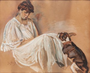 Julian Fałat (1853 Tuligłowy - 1929 Bystra), Portret żony artysty z psem, 1910