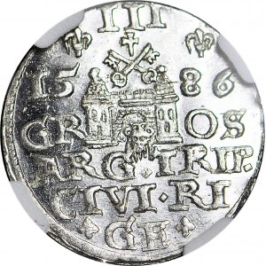 Stefan Batory, Trojak 1586 Ryga, mała głowa, REX P, menniczy, nienotowany