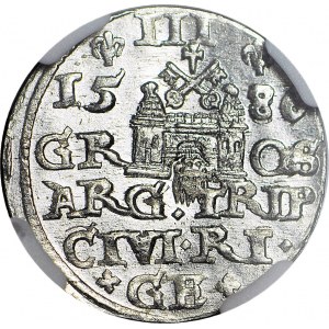 Stefan Batory, Trojak 1586 Ryga, mała głowa, REX P, menniczy