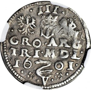 R-, Zygmunt III Waza, Trojak 1601, Wilno, literka V pod ŁABĘDZIEM, R3