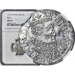 R-, Zygmunt III Waza, Trojak 1619, Ryga, Z LISEM, rzadki, R3, menniczy