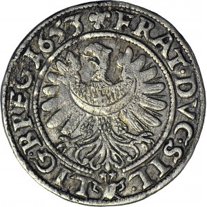 Śląsk, Księstwo Legnicko-Brzesko-Wołowskie, Jerzy III Brzeski, Ludwik IV Legnicki i Krystian Wołowsko-Oławski, 3 krajcary 1653, Brzeg