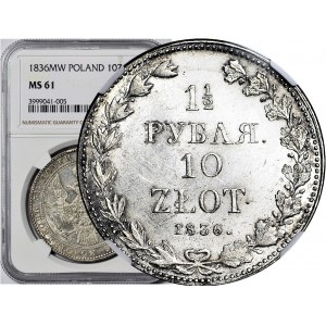 Zabór Rosyjski, 10 złotych = 1 1/2 rubla 1836, mała data, MW, Warszawa, mennicze