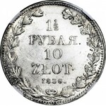 Zabór Rosyjski, 10 złotych = 1 1/2 rubla 1836, mała data, MW, Warszawa, mennicze