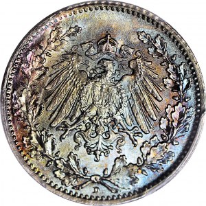 Niemcy, Prusy, Wilhelm II, 1/2 marki 1908 D, wyśmienite