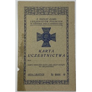 X. Ogólny Zjazd Legjonistów Polskich w Tarnowie dnia 9 sierpnia 1931 - Karta uczestnictwa