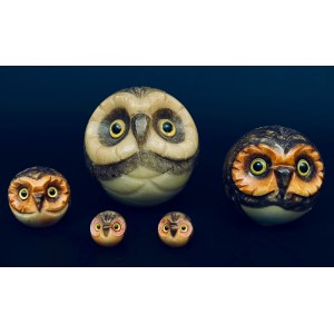 Set of stylized spherical figures- 5 owls