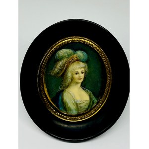 Oval miniature portrait of a woman in 18th century period dress.