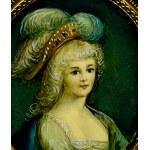 Ovales Miniaturporträt einer Frau in zeitgenössischer Kleidung des 18. Jahrhunderts.