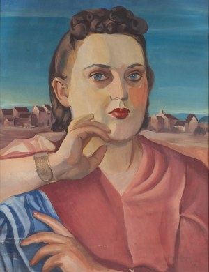 Henryk Stażewski (1894 Warszawa - 1988 Warszawa), Portret kobiety na tle miasteczka, 1941