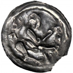 R-, Mieszko III Stary 1173-1202, Gniezno, Brakteat łaciński, Książę na koniu, napis hebrajski, R4