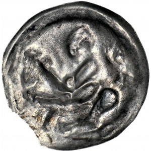 R-, Mieszko III Stary 1173-1202, Gniezno, Brakteat łaciński, Książę na koniu, napis hebrajski, R4