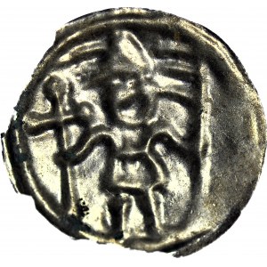 RRR-, Brakteat nieokreślony XIIIw., Biskup w mitrze z krzyżem i proporcem
