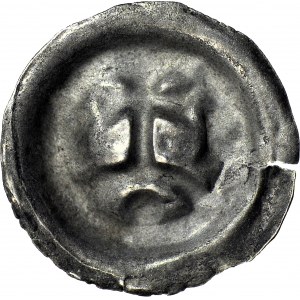 RR-, Zakon Krzyżacki, Brakteat, koniec XIII w., Krzyż grecki na arkadzie, pod łukiem kulka