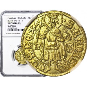 RRR- Władysław Warneńczyk Dukat (goldgulden) 1443 lub 1444 r, pierwsza złota moneta z herbami Rzeczpospolitej, B. RZADKI TYP Z TARCZĄ!!!