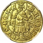 RRR- Władysław Warneńczyk Dukat (goldgulden) 1443 lub 1444 r, pierwsza złota moneta z herbami Rzeczpospolitej, B. RZADKI TYP Z TARCZĄ!!!