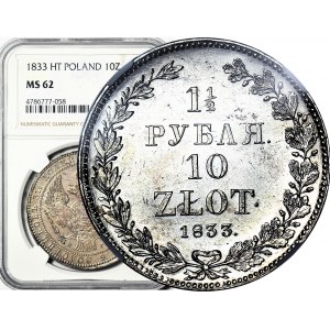 Zabór Rosyjski, 10 złotych = 1 1/2 rubla 1833, NG, Petersburg, WYŚMIENITE