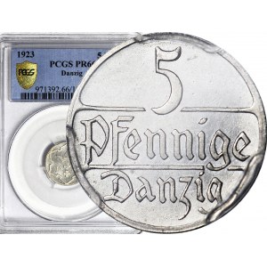 R-, Wolne Miasto Gdańsk, 5 fenigów 1923, STEMPEL LUSTRZANY, tylko 1 egzemplarz oceniony na świecie wyżej