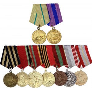 Russia - USSR Medal Bar with 8 Medals with Docs per Soldier 1942 - 1995