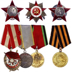 Russia - USSR Medal Bar with 4 Medals and 3 Orders with Docs per Soldier 1942 - 1965